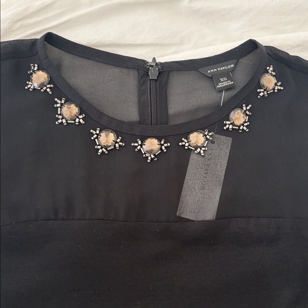 New Ann Taylor Black Top with Embellished Neckline